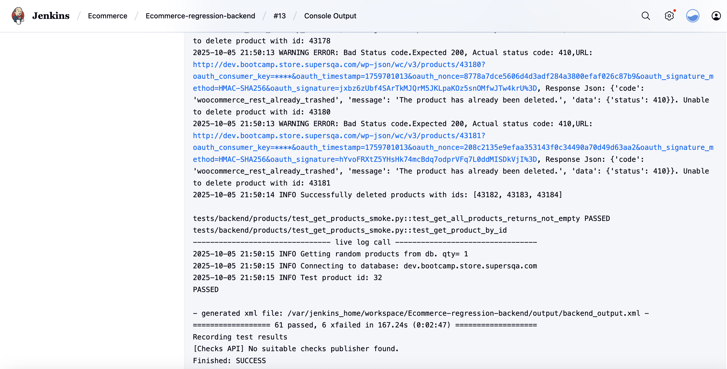 Jenkins Backend Regression Console Output